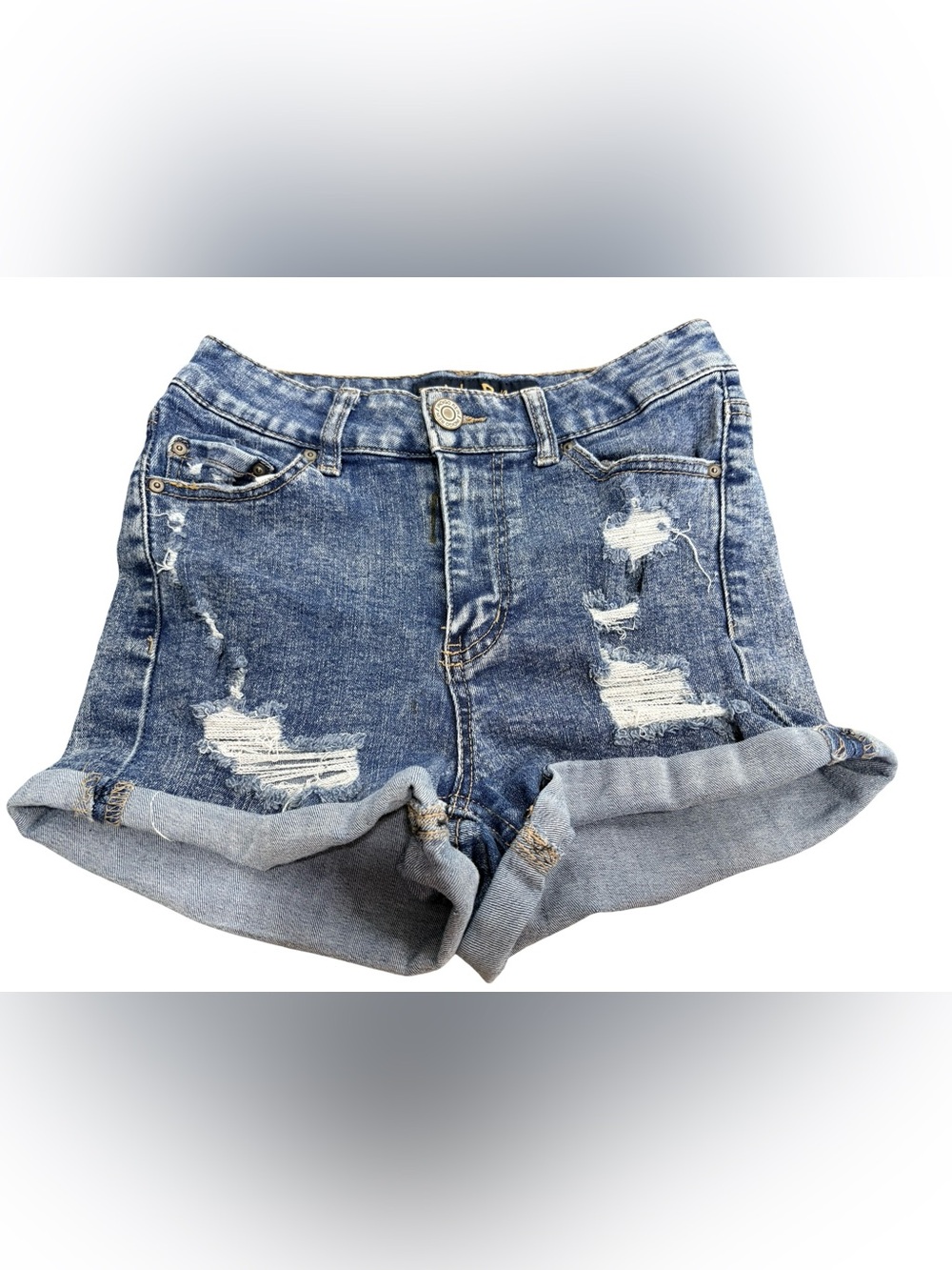 Indigo Rein High Rise Distressed Denim Shorts Cuffed Hem Size 5 Waist 26
